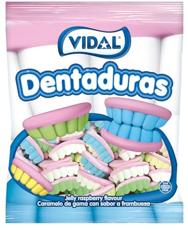 Vidal Golosinas. Dentaduras. Las originales en colores blanco, azul, verde y amarillo. Caramelo de goma con forma de dentadura, sin gluten ni grasa. Bolsa 250 u