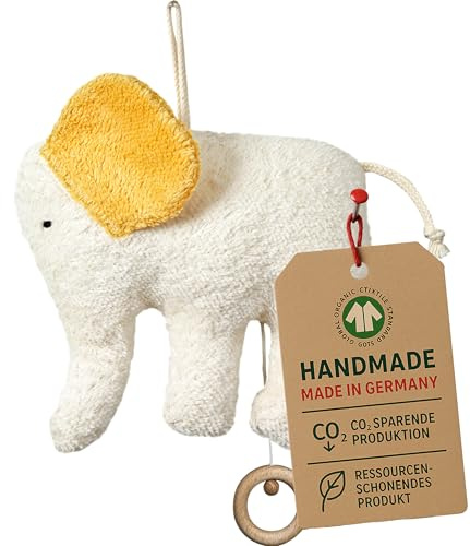 Efie Bio-Spieluhr Elefant – handgefertigt in Deutschland – 100 % Baumwolle (KBA), Füllung Schurwolle (kbT), GOTS-Zertifiziert - Melodie: LaLeLu