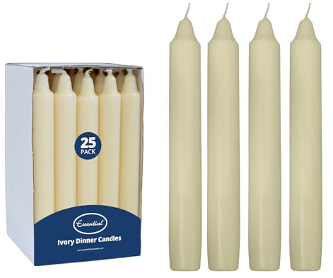 Essential Housewares 25 Ivory Dinner Candles - Long Burning 6-7 Hours Premium Classic Unscented Dinner Candles for Home Decor, Weddings & Events. Pack of 25 Candle Sticks.