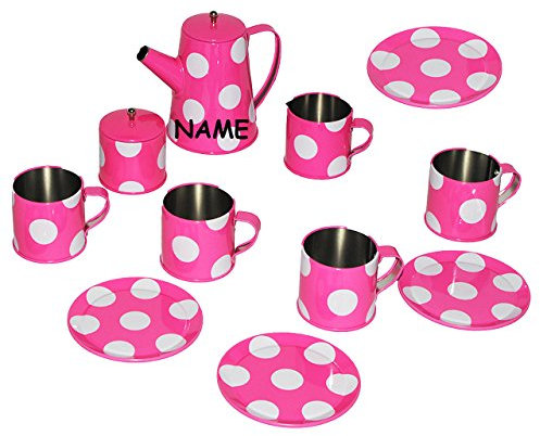 alles-meine.de GmbH 11 TLG. Teeset/Puppengeschirr - Metall & Blech Geschirr - incl. Namen - Teeservice & Kaffeeservice mit Kanne - rosa weiße Punkte - Spiel Set - Küche Zubehör..