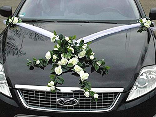 Spitze STRAUß Auto Schmuck Braut Paar Rose Deko Dekoration Autoschmuck Hochzeit Car Auto Wedding Deko PKW (Weiß)