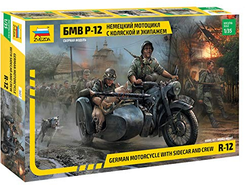 Zvezda German Motorcycle BMW R12 with Sidecar & Crew - Plastic Model Kit Scale 1/35 ,158 Parts ,Length 2.4'' / 6 cm, ZVE-3607