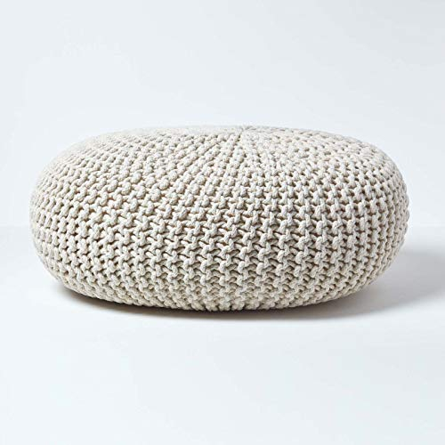 Homescapes Pouf Strickpouf rundes Bodenkissen, Sitzpouf 70 x 23 cm, gepolsterter Sitzhocker, Sitzpuff/Puff mit grob gestricktem Bezug aus 100% Baumwolle, Strickpuff, Natur/naturweiß