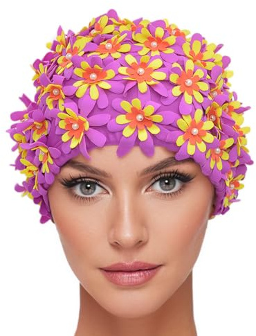 Medifier Bonnet de bain à fleurs avec pétales pour femme Style rétro , violet