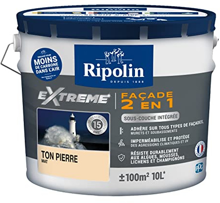 RIPOLIN - Peinture Façade 2 en 1 Extrême Extérieur - Sous-Couche Intégrée - Très Forte Adhérence - Protection Contre Micro-organismes - Résistance aux UV et Intempéries - Mat - 10 L - Ton Pierre