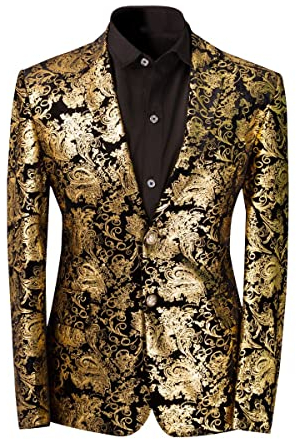 Allthemen Herren Pailletten Sakko Gold Glitzer Blazer Slim Fit Hochzeit Smoking Gold XXL