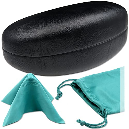 MyEyeglassCase Hard Sunglasses Case in Black Distressed faux leather – Large Glasses Holder Fits oversized curved Frames with pouch & cleaning Cloth (AS413 Black2)