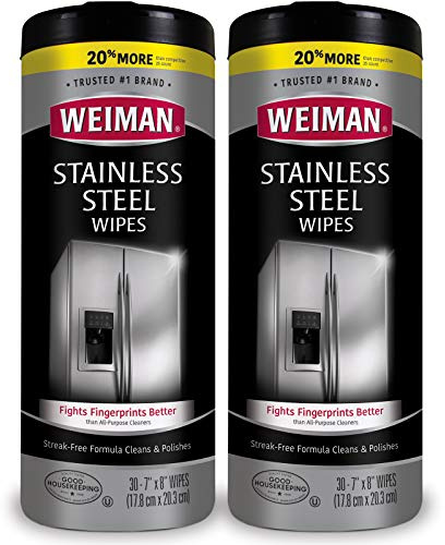 Weiman Stainless Steel Cleaner Wipes (2 Pack) Fingerprint Resistant, Removes Residue, Water Marks and Grease from Appliances - Works Great on Refrigerators, Dishwashers, Ovens, and Grills