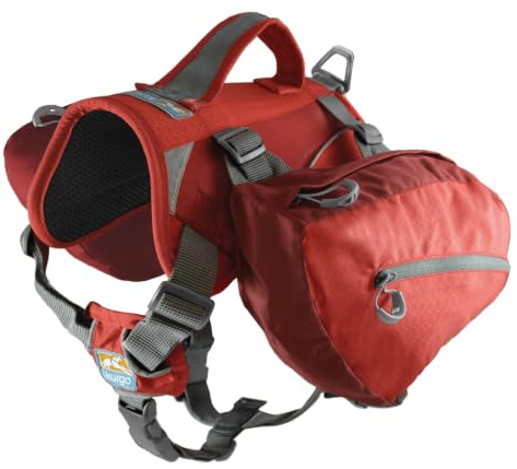 Kurgo Baxter Dog Backpack - Adventure Dog Backpack - Ergonomic Spine Support - Balanced Load Design - Durable Hiking Saddlebag - Dog Harness - Baxter (30-85 lbs) - Chili/Barn Red