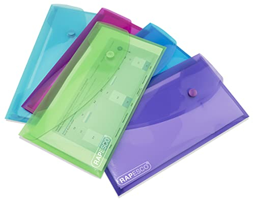 Rapesco 0690 Dokumentenmappe mit Druckknopf, DL, Sortierte Transparente Farben, 5 Stück