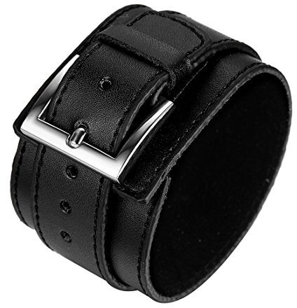 JewelryWe Gioielli Bracciale da Uomo Donna Punk Rock Stile Nero Pelle Braccialetto 11 Pollici, Nero (con Regalo Borsa)