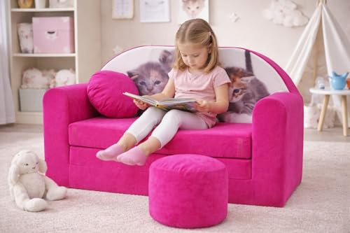 Pro Cosmo Divano letto pieghevole per bambini con funzione letto Perfetto per giocare e dormire - Con materasso, cuscino e pouf sfoderabili - 98x168x59 cm - H6 Rosa - Gattino