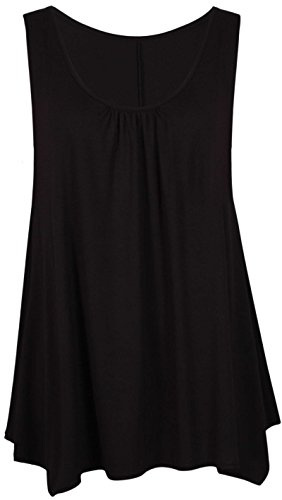 Womens Sleeveless Ladies Stretch Gathered Round Neck Uneven Hem Long Vest T-Shirt Top Black 16-18
