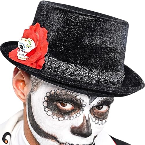 Day Of The Dead Black Top Hat - 1 Count - Stunning, Versatile & Unique Festive Accessory - Perfect Halloween & Costume Party Essential, One Size Fits All