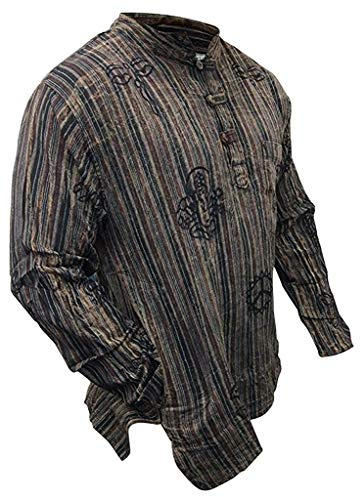 Shopoholic Fashion Men's Hippie Stonewashed Stripe Long Sleeve Cotton Summer Grandad Shirt (L,Brown)