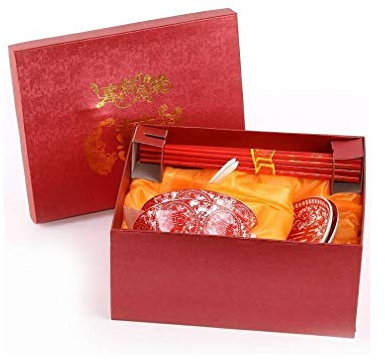 lachineuse - Service à Riz Chinois Traditionnel - Pour 2 Personnes - En Porcelaine - Avec Bols, Assiettes, Cuillères & Baguettes - Coloris Rouge - Vaisselle Bols Soupe - Idée Cadeau Asie Chine Japon