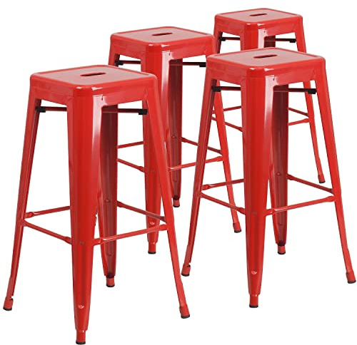 Flash Furniture Lily 4 Pack Commercial Grade 30 High Backless Red Metal Indoor-Outdoor Barstool with Square Seat