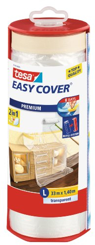 tesa Easy Cover Premium Abdeckfolie für Malerarbeiten - 2 in1 Malerfolie zum Abdecken und Kreppband zum Abkleben - Nachfüllbar, mit Abroller - 33 m x 140 cm
