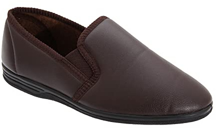 Mens Brown Grain PU Twin Gusset Slipper - Ivor - Brown - size UK Mens Size 9