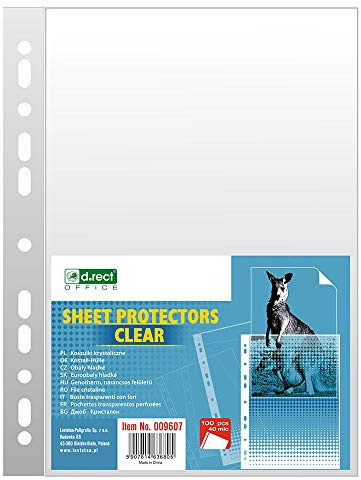 D.RECT | Fundas Multitaladro | 40 Micras | Tamaño A4 | Folio-Cristal, Cristal | Pack de 100 Unidades | Perforadas Transparentes | Bolsillos de Polipropileno