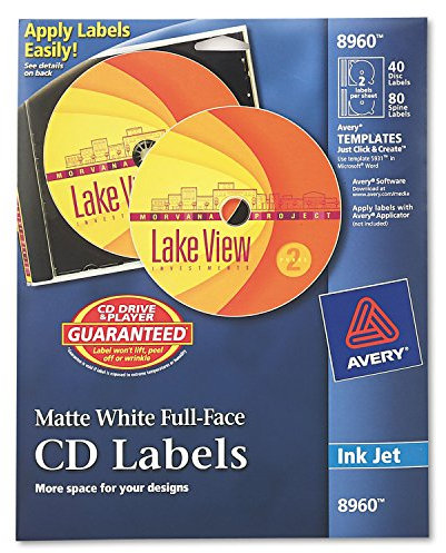 Avery CD Labels, White Matte, 40 CD Labels and 80 Spine Labels (8960)