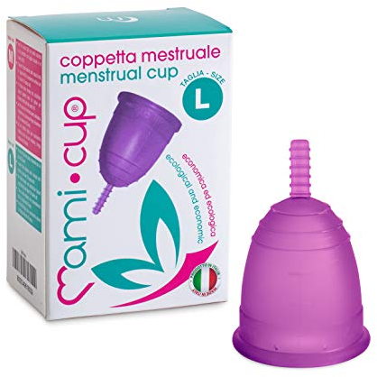 MAMICUP - Coppetta Mestruale Morbida in Silicone Medicale 100% Made in Italy, Totalmente Anallergica Priva di Lattice e Additivi, Coppette Mestruali per Ciclo - Taglia L - Lilla