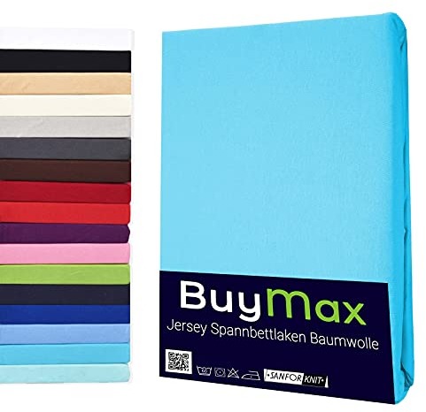 Buymax® Spannbettlaken 100x200cm Baumwolle 100% Spannbetttuch Bettlaken Jersey, Matratzenhöhe bis 25 cm, Farbe Türkis
