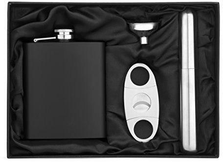 7oz Matte Black Stainless Steel Flask Funnel Cigar Cutter