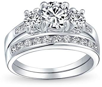 Classic Traditional Round Solitaire 3 Stone Past Present Future Solitaire Pave Band AAA CZ Anniversary Wedding Engagement Ring Set Band For Women .925 Sterling Silver