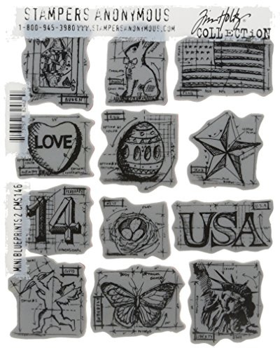 Stampers Anonymous Tim Holtz Cling Rubber Stamp Set, 7 by 8.5-Inch, Mini Blueprints