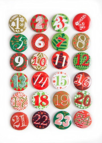 Boutons chiffres calendrier de l’Avent 1 à 24 en métal: accessoires Noël pour bricolage et décoration, étiquettes sacs cadeaux rouges et verts, déco calendrier de noël DIY, Ø 2,5 cm