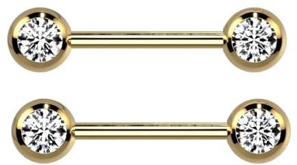 Pierced Owl 14GA Titanium Plated 316L Stainless Steel Double CZ Crystal Nipple Barbells, Sold as a Pair (Gold Tone)