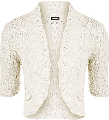 WearAll Womens Crochet Knitted Short Sleeve Ladies Bolero Cardigan Top Shrug - Cream - 16-18
