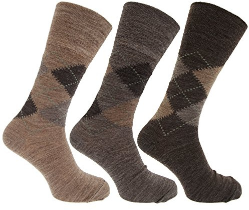 Calcetines con mezcla de lana de corderos Estampado a rombos tradicional sin elástico hombre caballero (Pack de 3), Assorted Brown Argyle, 39-45 EU