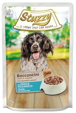 Stuzzy, Alimento Umido per Cani Adulti con Pesce Oceanico, Bocconcini. 24 Buste da 100g