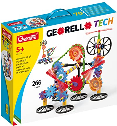 Quercetti Georello Tech 266 Pièces, Jeux de Construction Enfant, Engrenages 3D, Jouet Enfant 5 Ans Garçon Jusqu'à 12 Ans, Activite Manuelle et Motricité Fine, Made in Italy