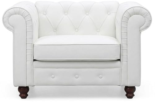 Menzzo Fauteuil Chesterfield Blanc - Siège capitonné Chic et Confortable, Style Classique Intemporel pour Salon ou Bureau