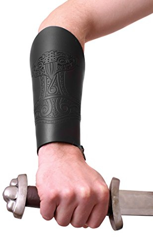 Battle-Merchant Armstulpe aus Leder mit geprägtem Thorshammer, schwarz - Armschützer LARP Mittelalter Wikinger Größe Paar