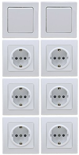 ChiliTec Steckdose Schalter Unterputz DELPHI Set - 6 x Steckdose, 2 x Schalter mit Rahmen Schutzkontaktsteckdose Weiß
