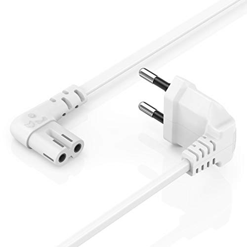 Hama Netzkabel mit flachem Eurostecker (Netzwerkkabel mit Kupplung und 2 poligem Stecker, beidseitig gewinkelt, Netzstecker mit Stromkabel für Laptop, Konsolen, Radios etc., 2,5 A, 230 V, 3 m) weiß, 00137227, Winkel - 3m