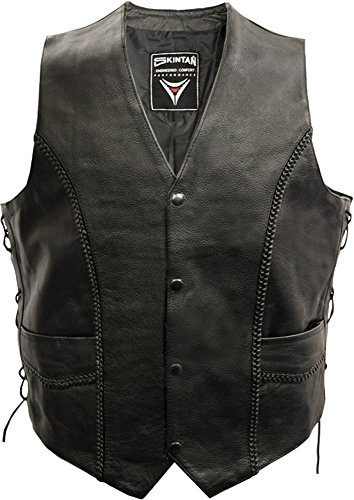 Skintan Gilet de Moto en Cuir Véritable avec Tresses et Lacets - Weaver - Noir L / 42 (107cm)