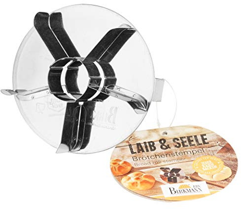 Birkmann, Laib & Seele, Brötchenstempel mit Griff, Ø 8,5 cm, zum Prägen von Brötchen und Semmeln, Brötchendrücker aus Edelstahl, spülmaschinengeeignet, mit Rezept, 431102