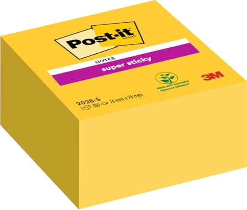 Post-it Super Sticky Notes Cube, Yellow, 76 mm x 76 mm, 350 Sheets/Pad, 1 Pad/Pack