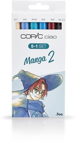 COPIC Ciao Marker 5+1 Set Manga 2, 5 Allround-Layoutmarker mit einer mittelbreiten und einer Brush-Spitze, inkl. 1 Multiliner 0,3 mm