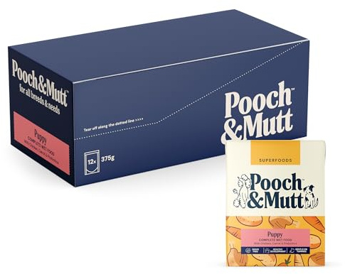 Pooch & Mutt - Puppy, Complete Wet Dog Food Grain Free, Dry Dog Food Topper, Chicken Flavour, 12x375g (packaging may vary)