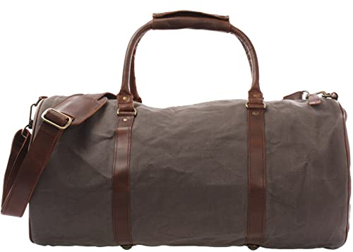 LECONI Reisetasche für Damen & Herren Ledertasche Weekender groß Sporttasche Männer + Frauen Handgepäck Sporttasche echtes Rinds-Leder und Canvas Segeltuch Natur Retro 53x28x28cm grau LE2004-C