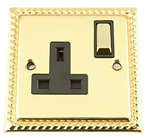 Wall Socket 1 Gang - Polished Mirror Brass Georgian - Black Insert - Metal Switch