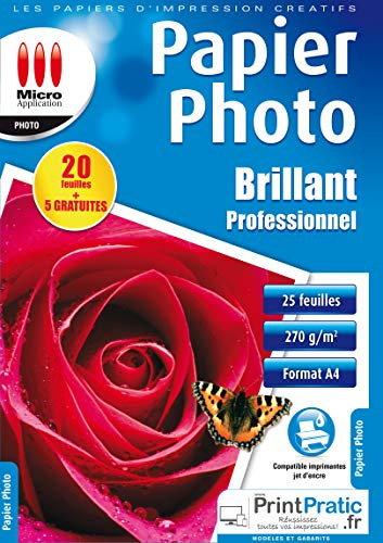Papier Photo Brillant - 25 Feuilles Papier Photo Professionnelle Brillante, Format A4, 270 g/m², Séchage Rapide, Impressions - 9600 dpi, Compatible Imprimantes Jet d'Encre - Micro Application