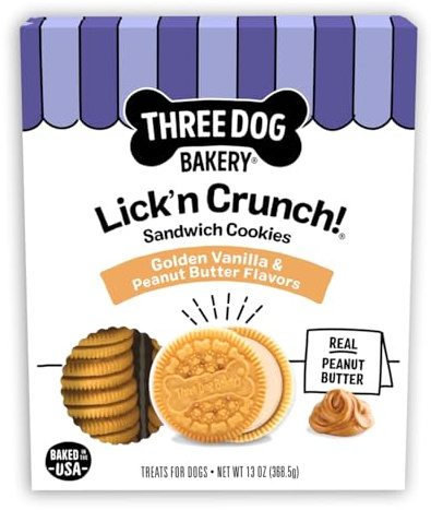 Three Dog Bakery Lick'n Crunch! Golden & Peanut Butter Dog Sandwich Cookies - Crunchy Vanilla & Creamy Peanut Butter Flavored Dog Treats, Cookies for Dogs, Dog Birthday Cookies, Dog Training Treats