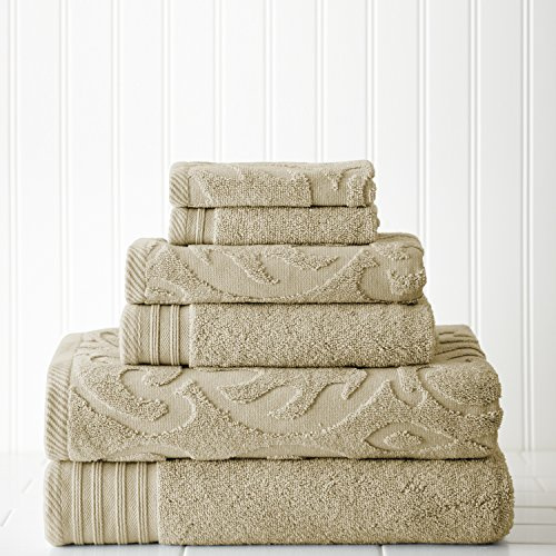 Amrapur Pacific Coast Textiles Jacquard/Solid Medallion Swirl Towel Set, Cotton, Taupe, Single, Set of 6